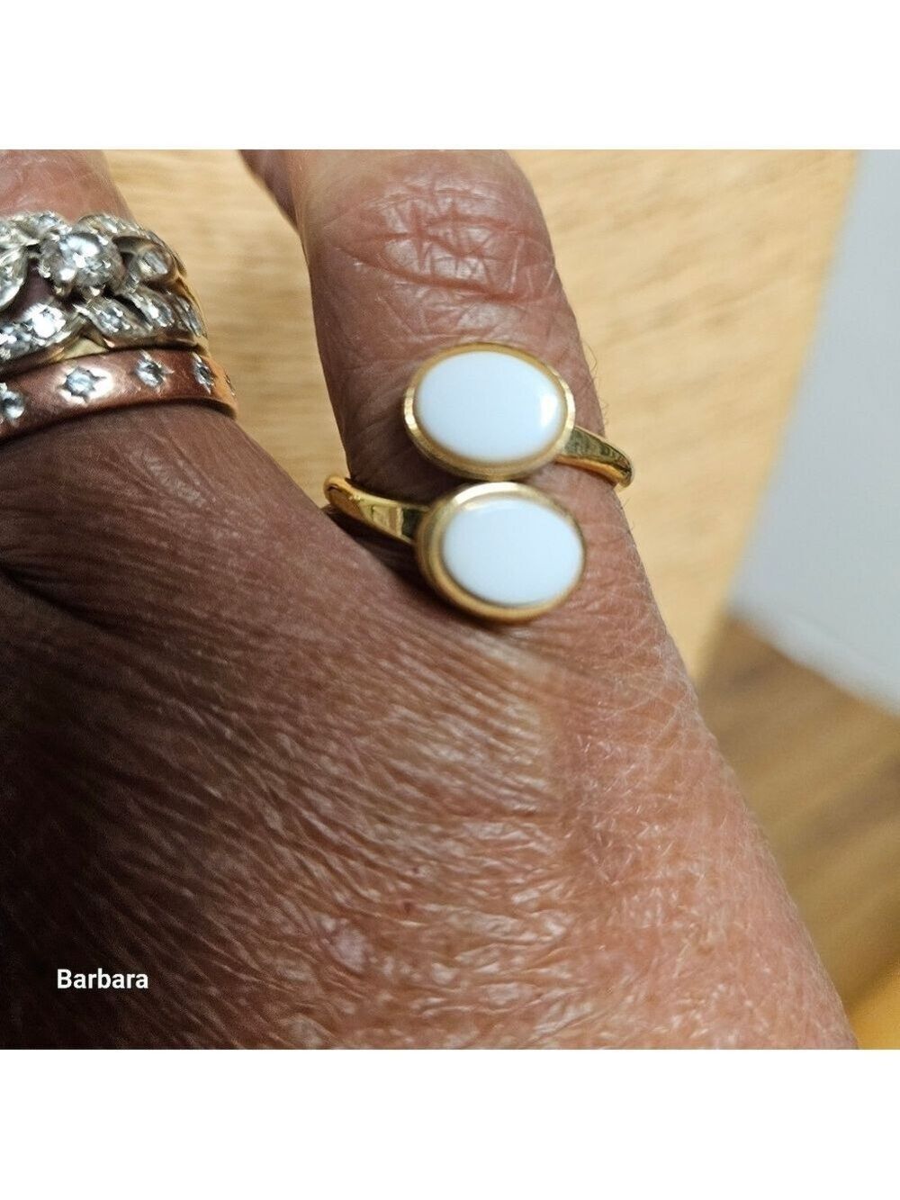 Vintage 70s Sarah Coventry Dual White Lucite Cabochons in Gold-tone Bypass Ring